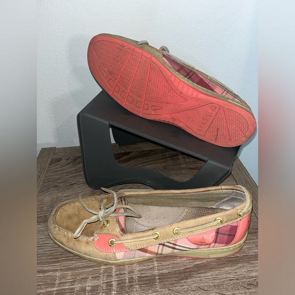 Sperry Topsider Hardback Tan Leather Pink/Plaid Preppy Boat Shoes Women's 9.5M - Picture 10 of 16